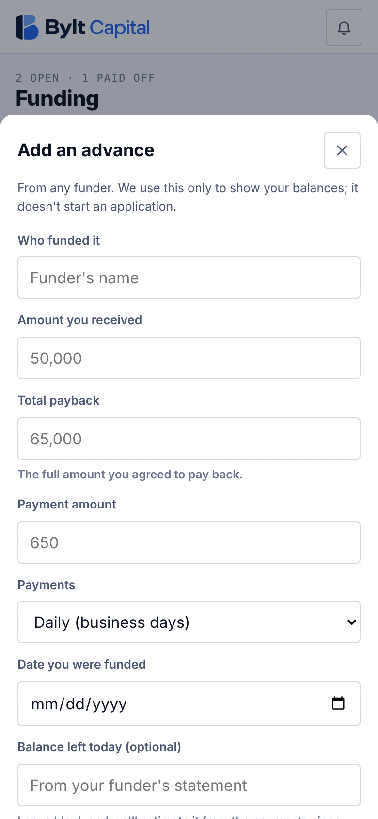 Adding an advance from any funder on a phone