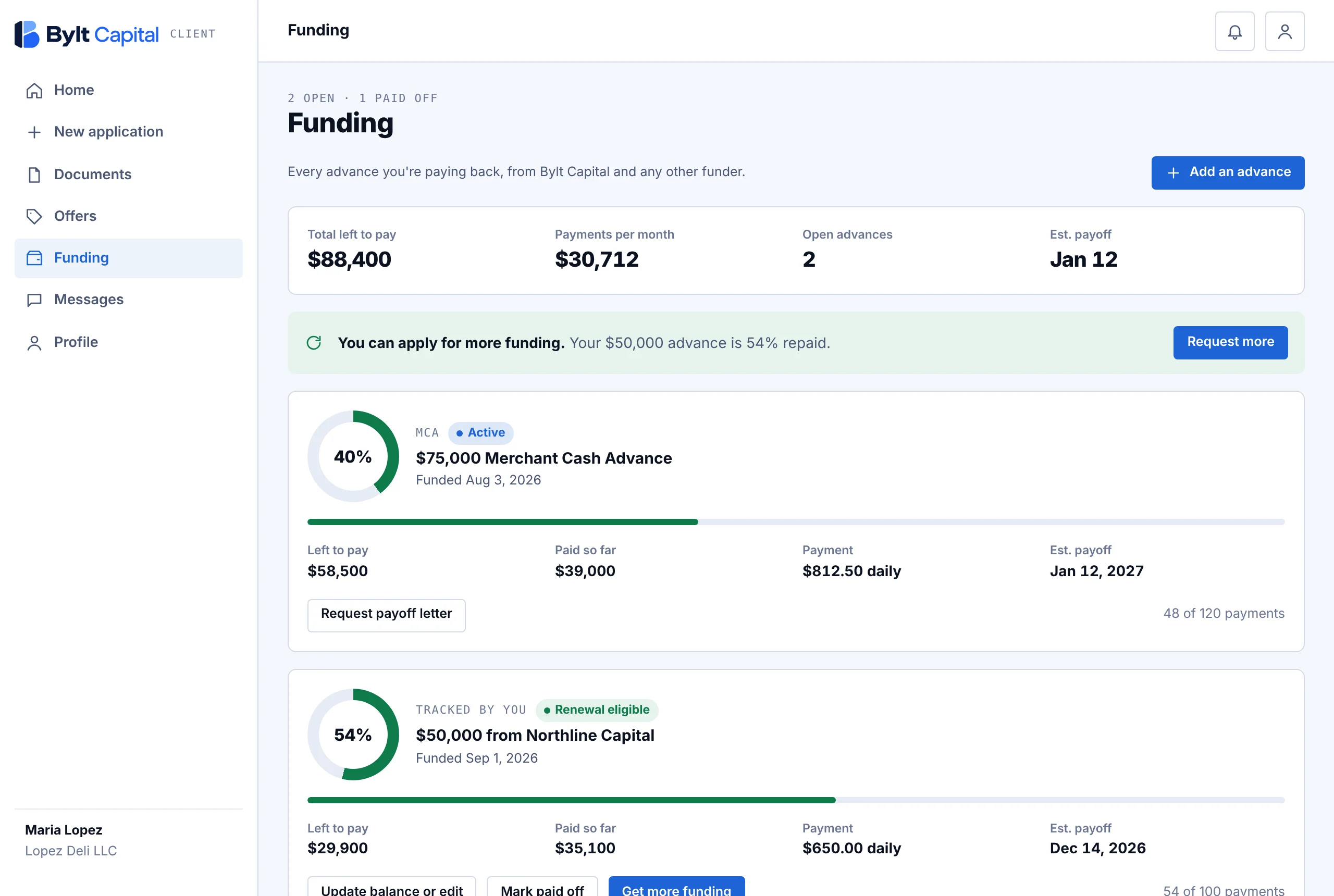 The Bylt Capital advance tracker on a computer: total left to pay, payments per month, and each advance with its balance, payment and payoff date