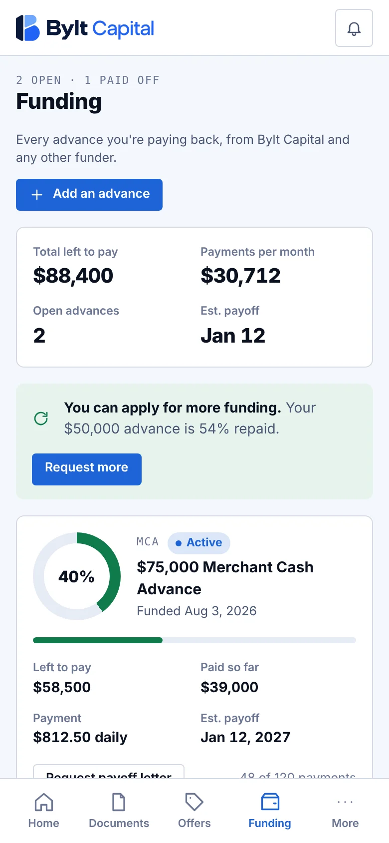 The Bylt Capital advance tracker on a phone